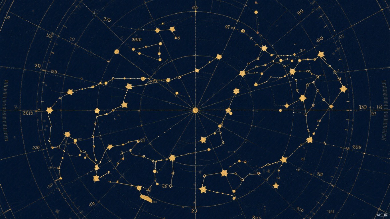 Illustrated celestial star chart with gold constellations over a midnight navy grid
